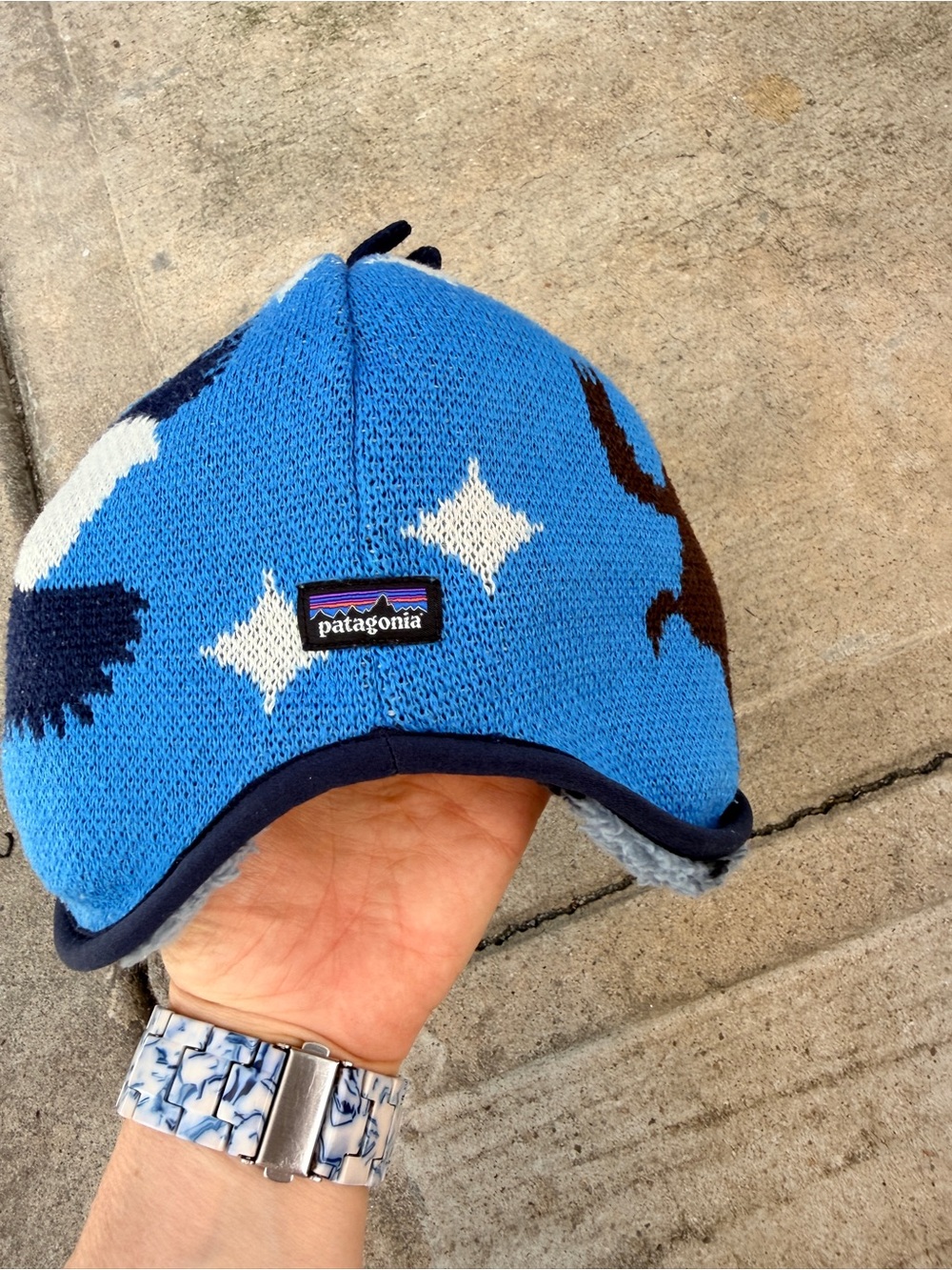 Patagonia 3-6 mo Blue Desert Animal Knit Toy Hat for Kids, reversible